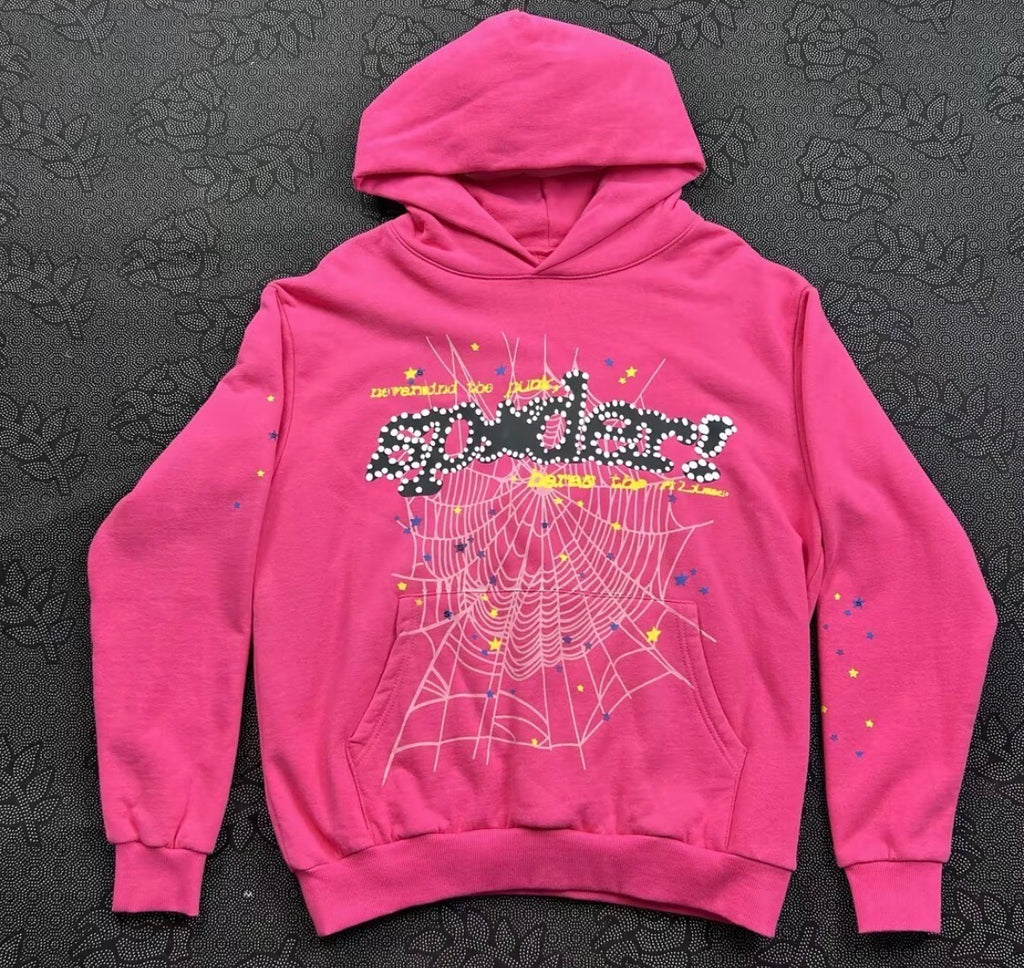 Pink Sp5der Web Rhinestone Hoodie -Unisex Streetwear